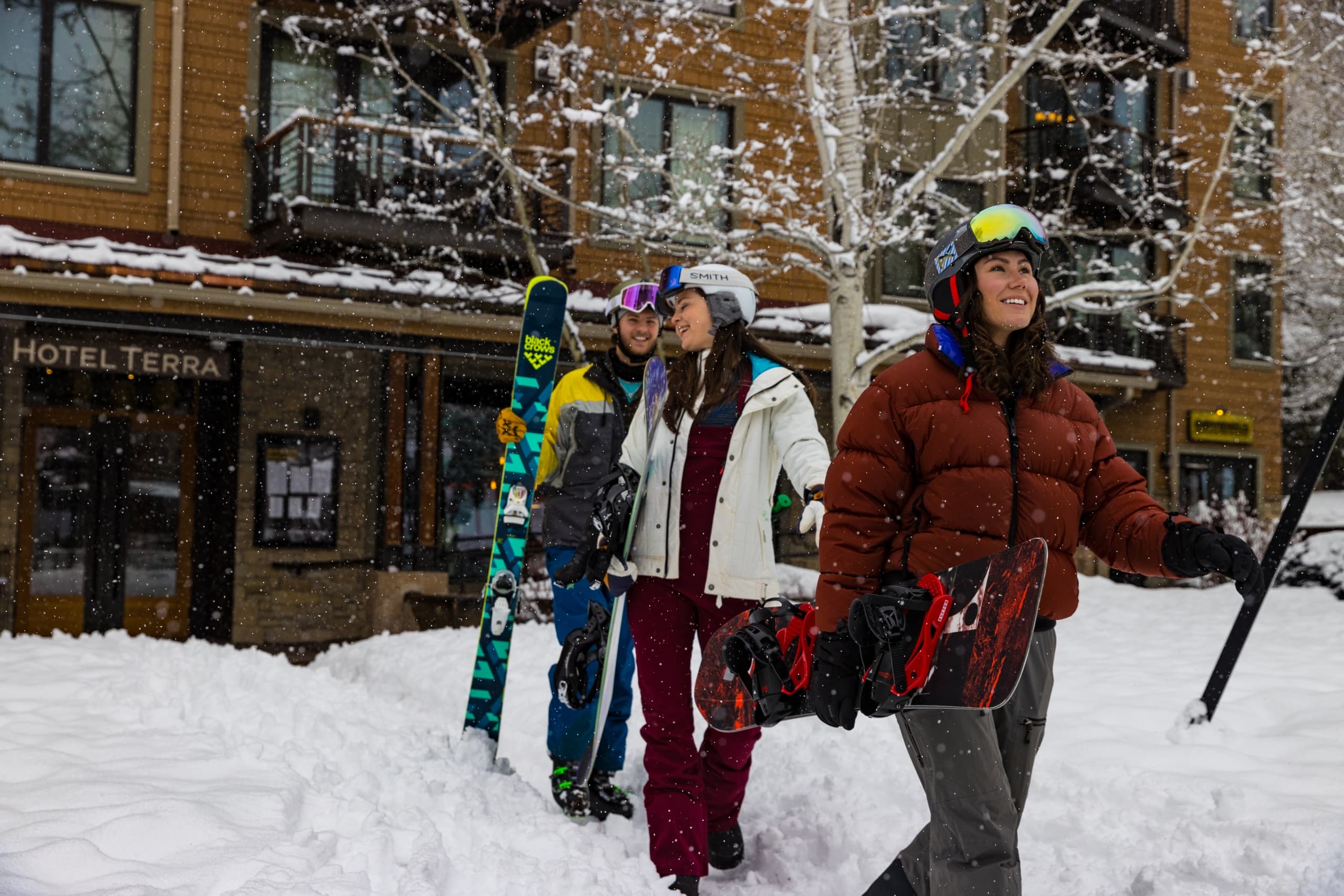 A group of skiiers leave Hotel Terra to start their day at Jackson Hole Mountain Resort in Wyoming