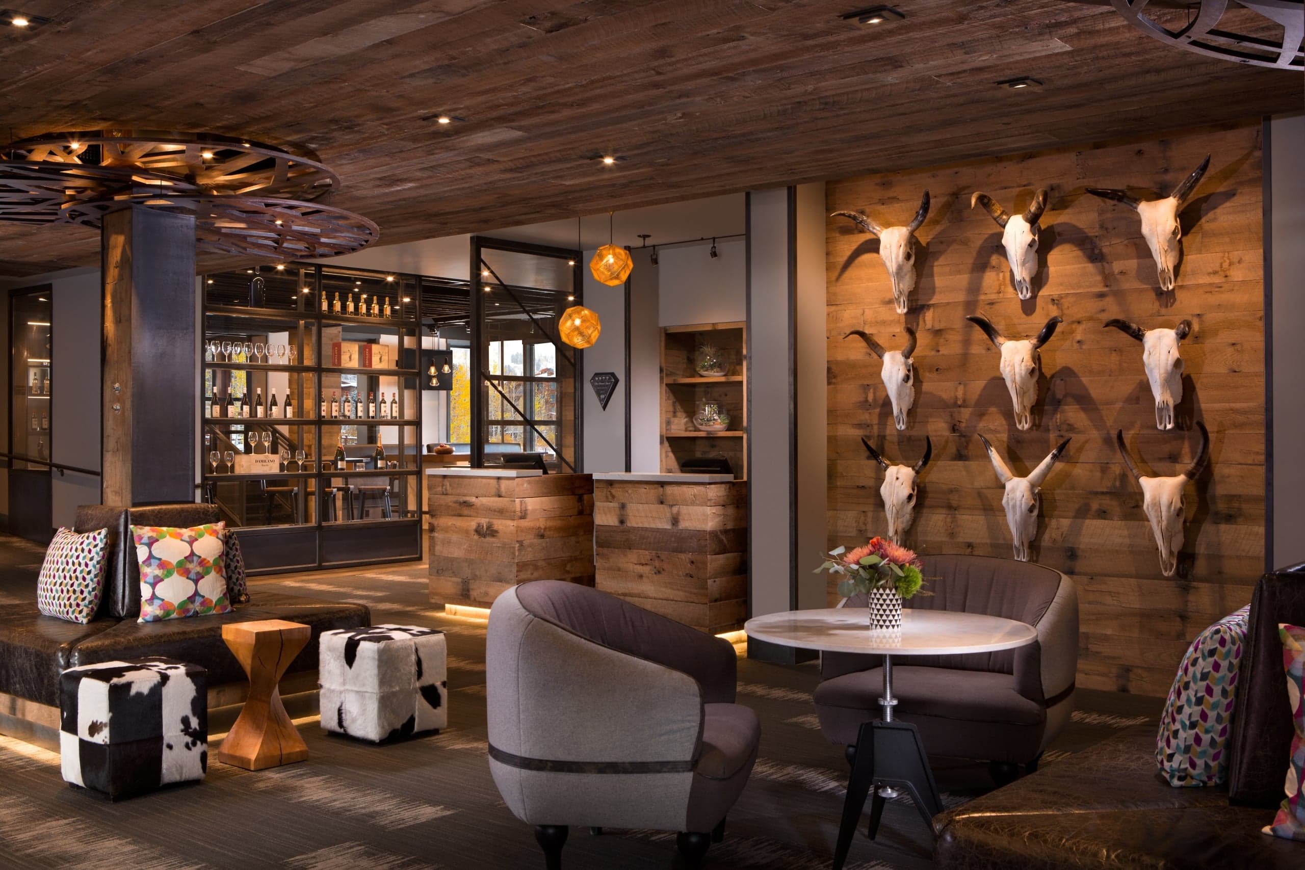 The lobby seating area of Hotel Terra in Jackson Hole, Wyoming