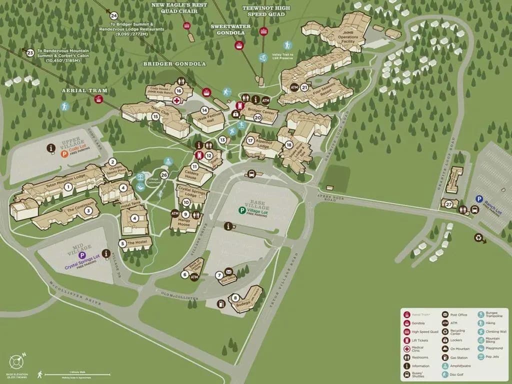 A map of Teton Village at Hotel Terra in Jackson Hole, depicting locations of various activities, amenities, and services.